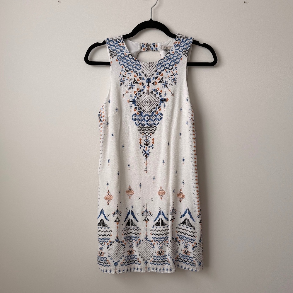 Ecoté High-Neck Mini Shift Dress with Back Cut-Out - White Pattern
